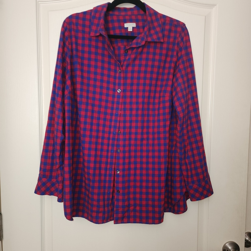 Talbots Woman Red Blue Buffalo Check Button Down Shirt 1X Cotton Long Sleeve